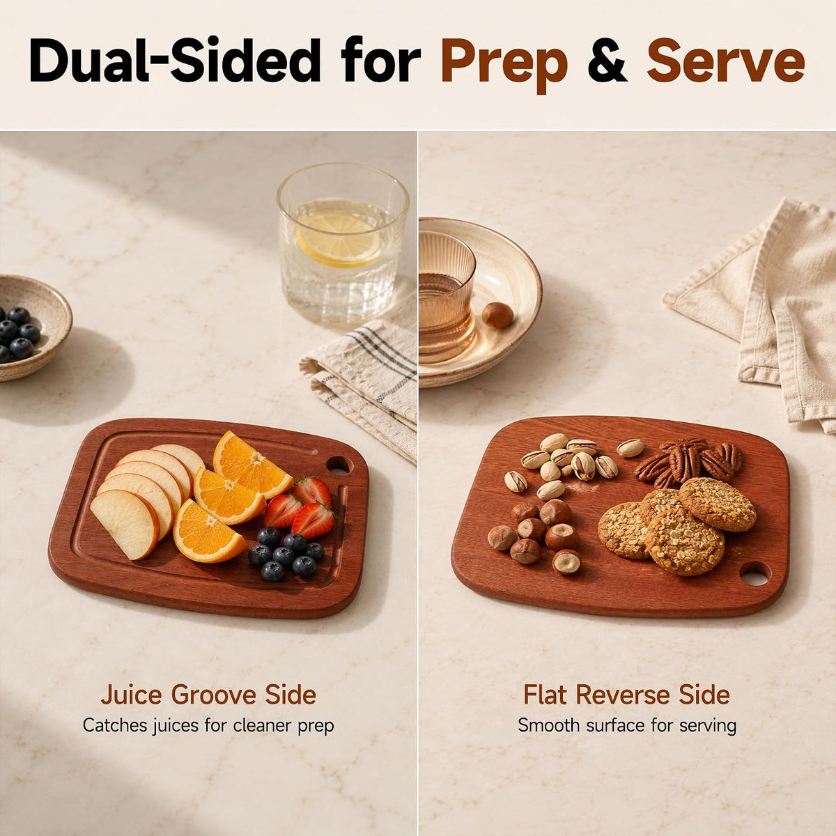 SAMBUTECO Wood Cutting Board 9" x 6.6"with Juice Groove & Hanging Hole