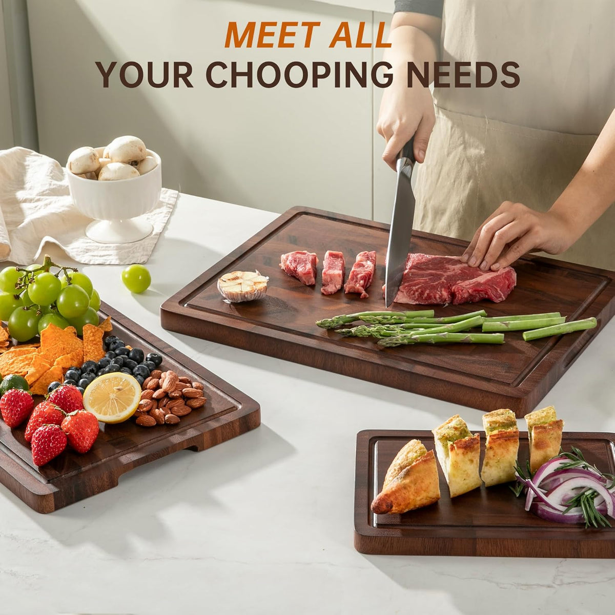 THETCHRY Walnut Wood Cutting Board Set, End Grain Cutting Board for Kitchen