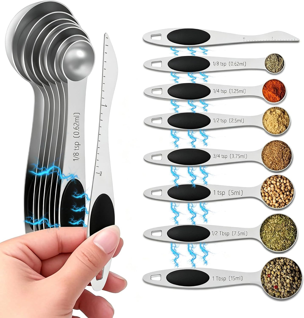 Measuring Spoons,Magnetic Measuring Spoons Set,304 Stainless Steel 7 Single Side Measuring Spoons Set and 1 Leveler with Strong N45 Magnetss,Heavy Duty Metal Kitchen Gadgets for Baking & Cooking