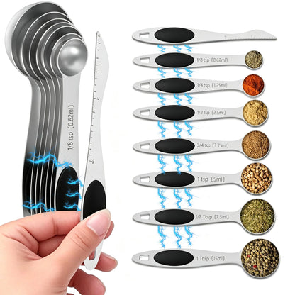 Measuring Spoons,Magnetic Measuring Spoons Set,304 Stainless Steel 7 Double Side Measuring Spoons Set and 1 Leveler with Strong N45 Magnetss,Heavy Duty Metal Kitchen Gadgets for Baking & Cooking