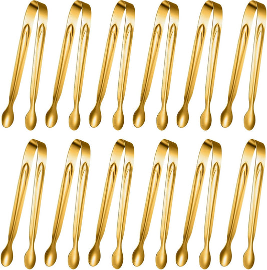 Gejoy 12 Pieces Mini Tongs Stainless Steel Small Sugar Serving Tongs for Charcuterie Board Appetizers Dessert Serving Food Tiny Party Danish Candy(6 Inch,Gold)