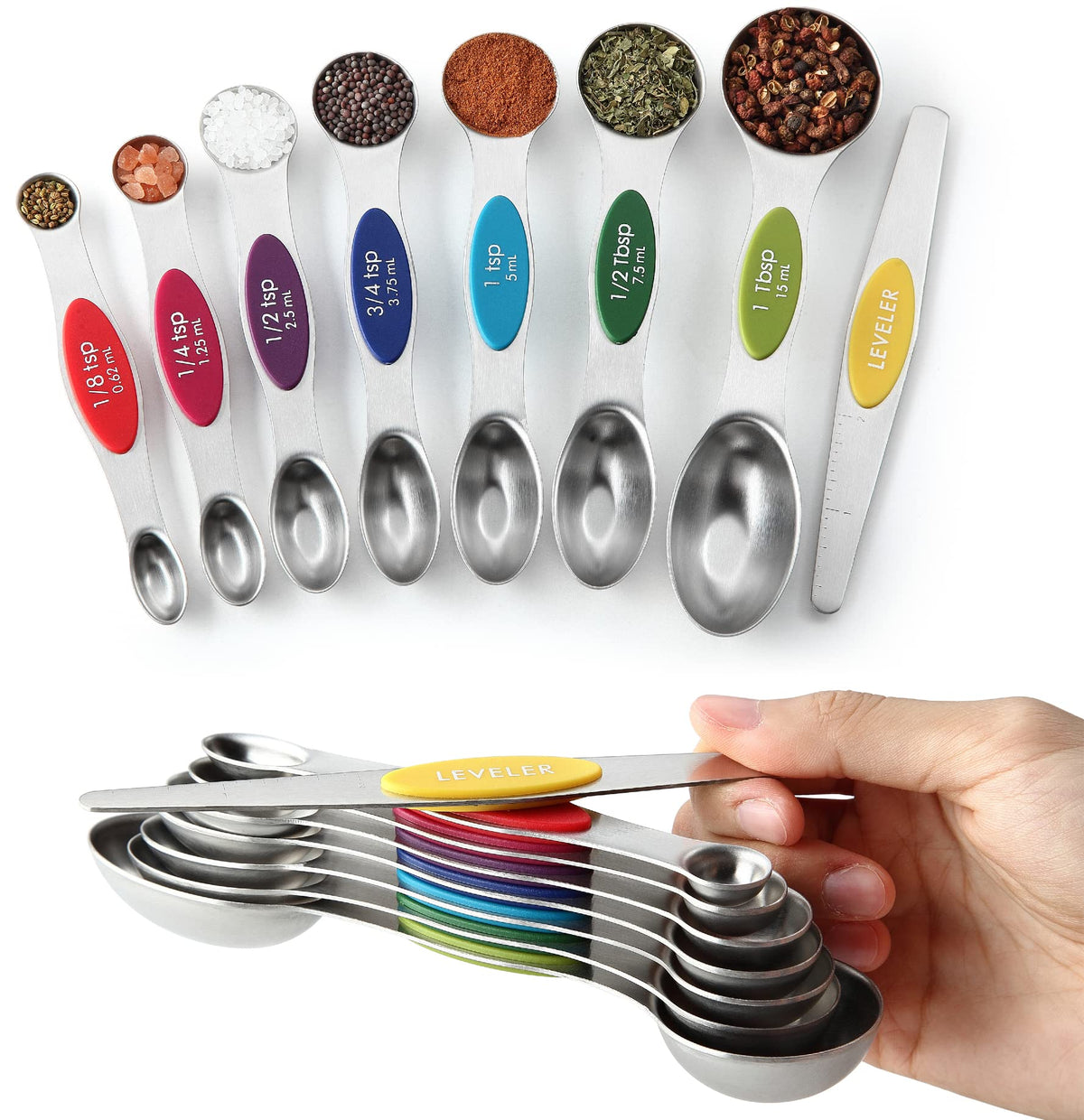 Spring Chef Magnetic Measuring Spoons Set of 8 for Kitchen, Multicolor