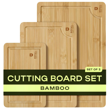 ROYAL CRAFT WOOD Wooden Cutting Boards for Kitchen Appliances - Non Toxic Bamboo Wood Cutting Board Set with Deep Juice Groove, Side Handles, Charcuterie & Butcher Block for Meat, Meal Prep & Serving