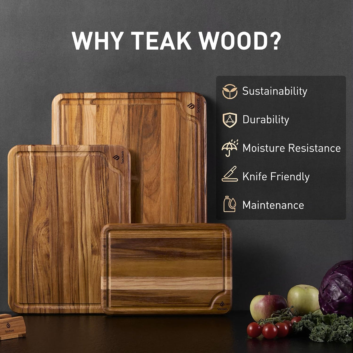 3 Pack Teak Cutting Boards for Kitchen Wood Wooden Cutting Boards Non Toxic