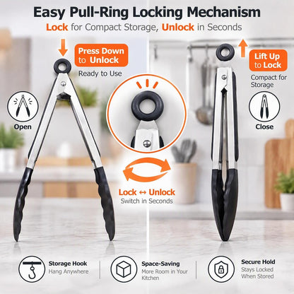 Kitchen Tongs with Silicone Tips, Stainless Steel Cooking Tongs Set of 3