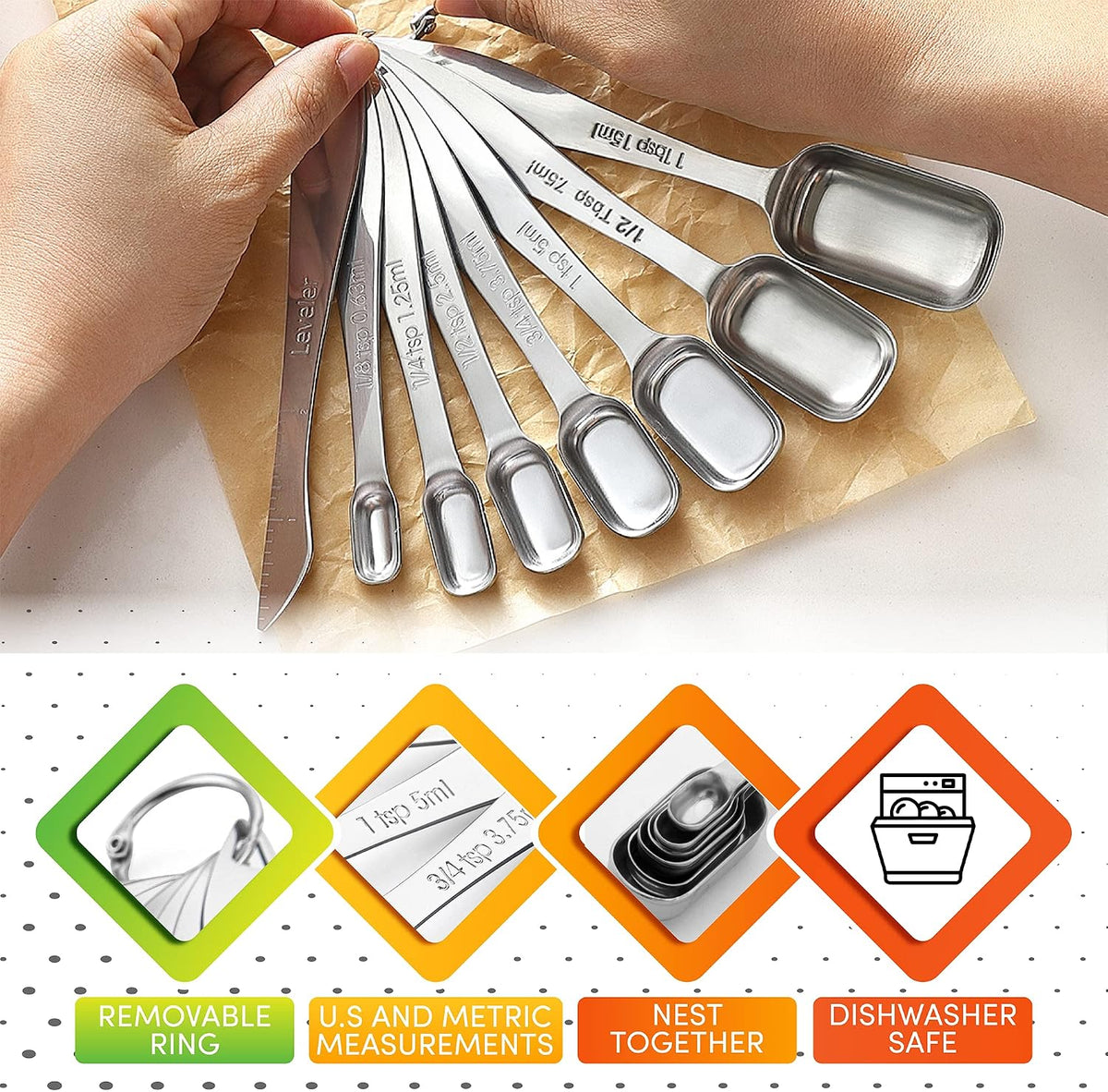 Spring Chef Stainless Steel Measuring Spoons Set of 8 with Leveler
