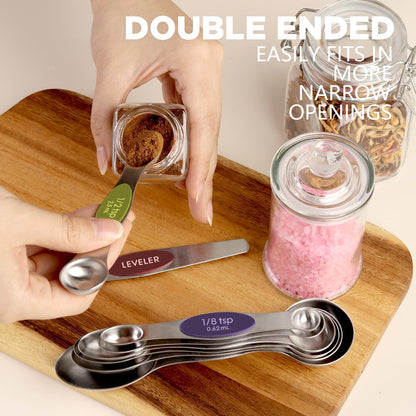 ChefAide Set of 8 Magnetic Measuring Spoons, Stainless Steel, Dual Sided
