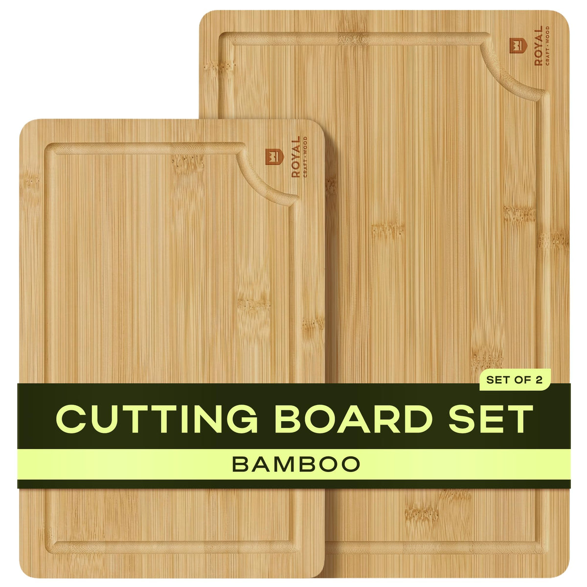 ROYAL CRAFT WOOD Wooden Cutting Boards for Kitchen Appliances - Non Toxic Bamboo Wood Cutting Board Set with Deep Juice Groove, Side Handles, Charcuterie & Butcher Block for Meat, Meal Prep & Serving
