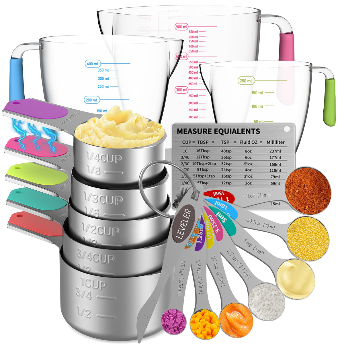 Magnetic Stainless Steel Measuring Cups and Spoons Set for Cooking & Baking, 3 Plastic Measuring Cups, 5 Magnetic Measuring Cups, 7 Magnetic Measuring Spoons, 1 Leveler, 1 Measuring Chart