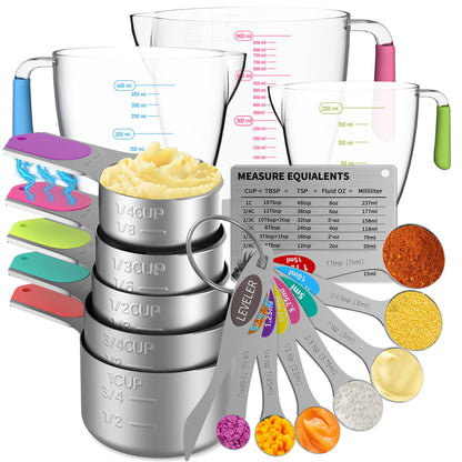 Magnetic Stainless Steel Measuring Cups and Spoons Set for Cooking & Baking, 3 Plastic Measuring Cups, 5 Magnetic Measuring Cups, 7 Magnetic Measuring Spoons, 1 Leveler, 1 Measuring Chart