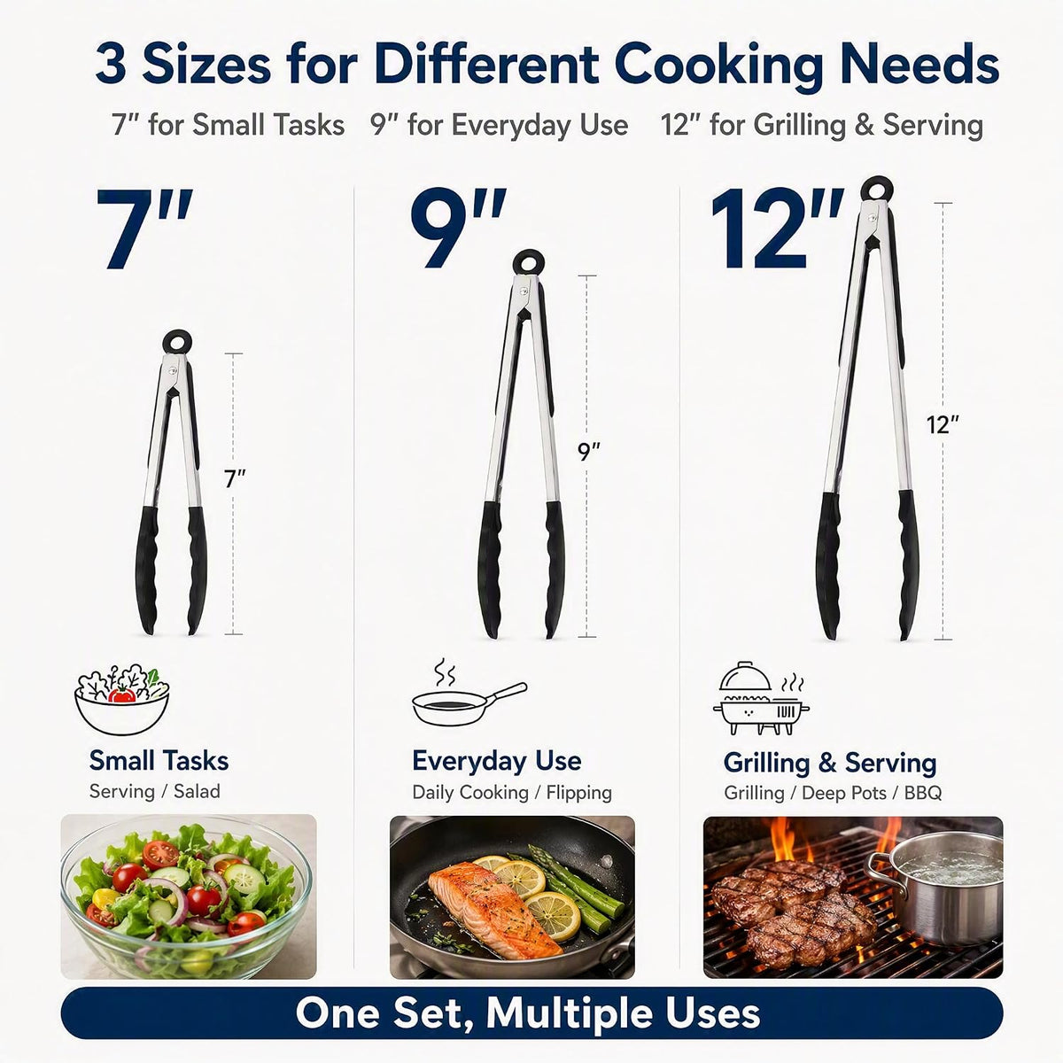 Kitchen Tongs with Silicone Tips, Stainless Steel Cooking Tongs Set of 3
