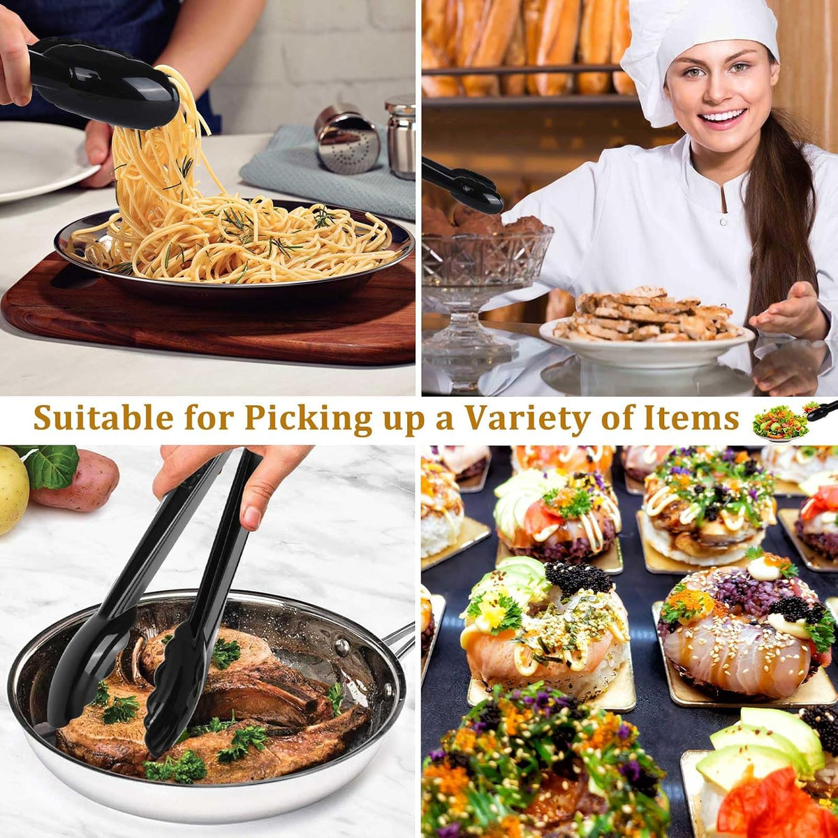 Mwellewm 24 Pc Plastic Tongs for Serving 9 Inch Bulk Reusable or Disposable Tongs Heavy Duty Hard Serving Utensils Set Large Salad Tong for Kitchen Party Food Buffet Appetizer BBQ Event Catering Black