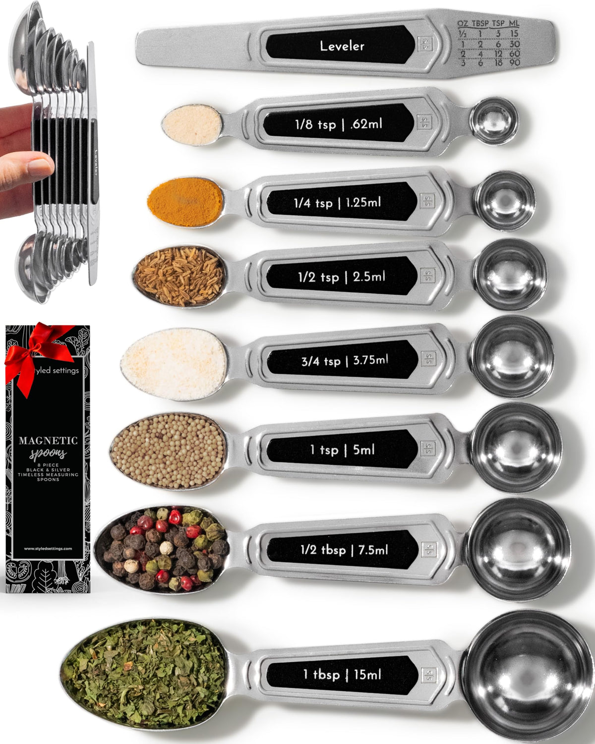 Styled Settings Stainless Steel Magnetic Measuring Spoons Set, 8-Piece