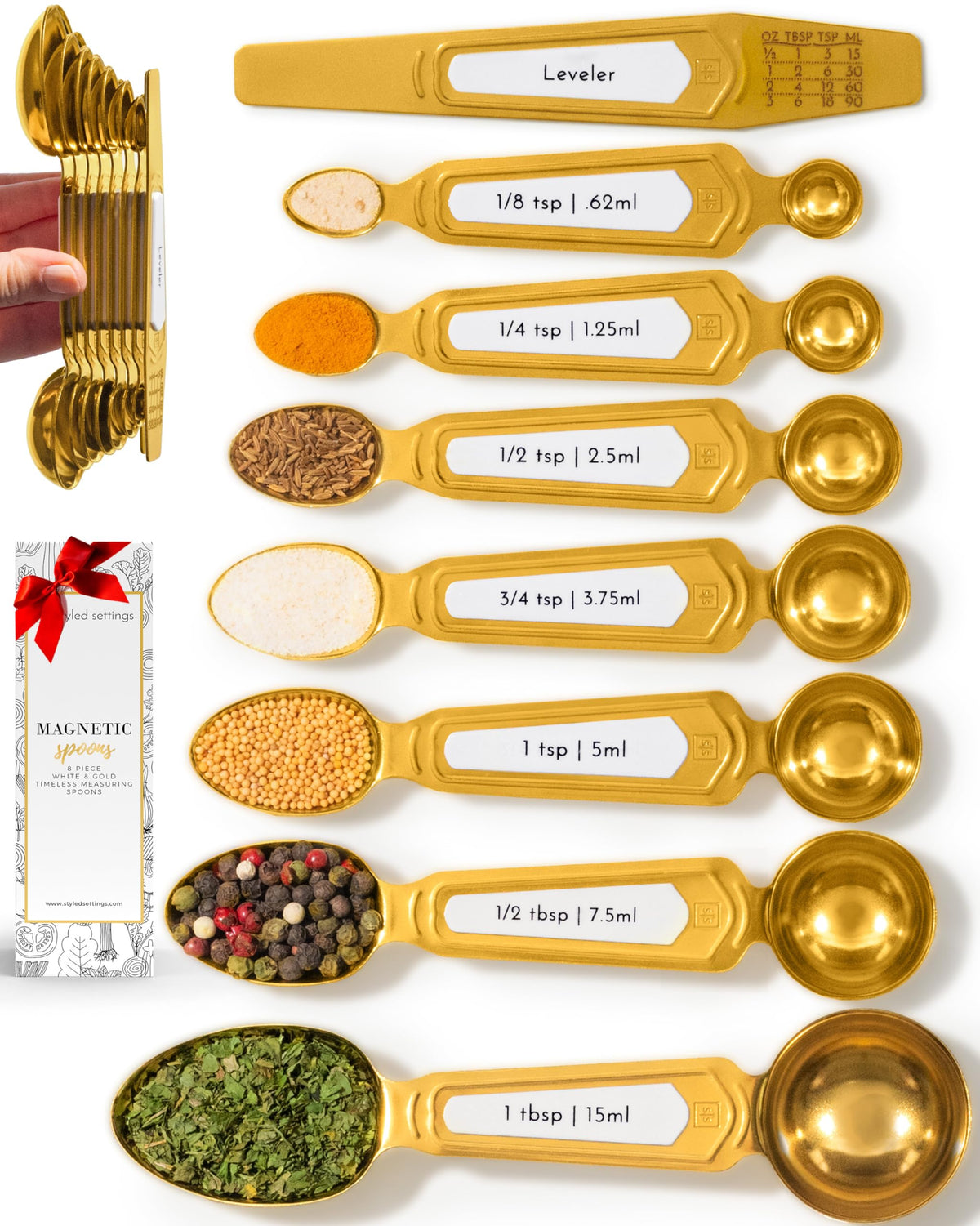 Styled Settings Stainless Steel Magnetic Measuring Spoons Set, 8-Piece