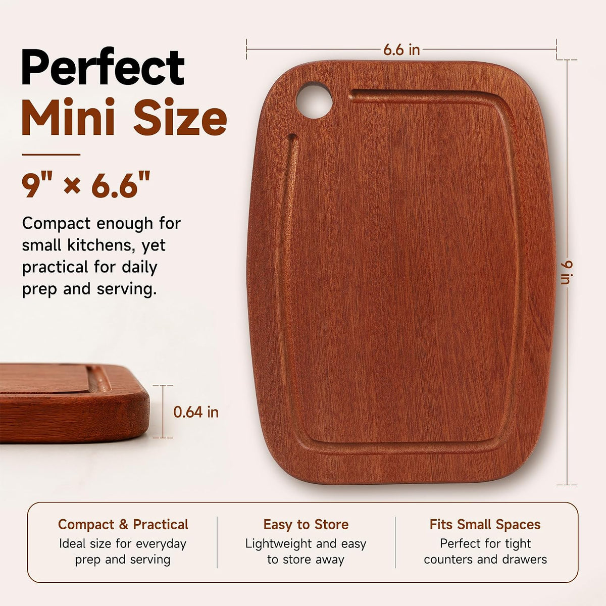 SAMBUTECO Wood Cutting Board 9" x 6.6"with Juice Groove & Hanging Hole