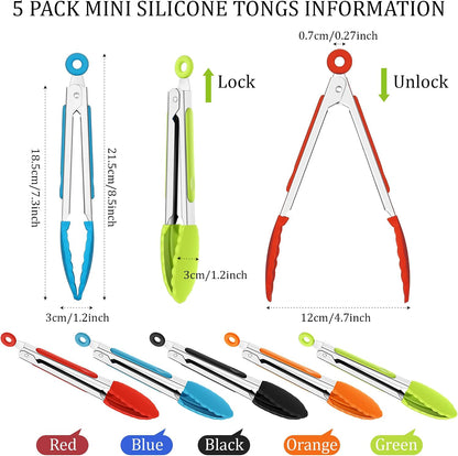5 Pack Mini Small Tongs with Silicone Tips, 7 in