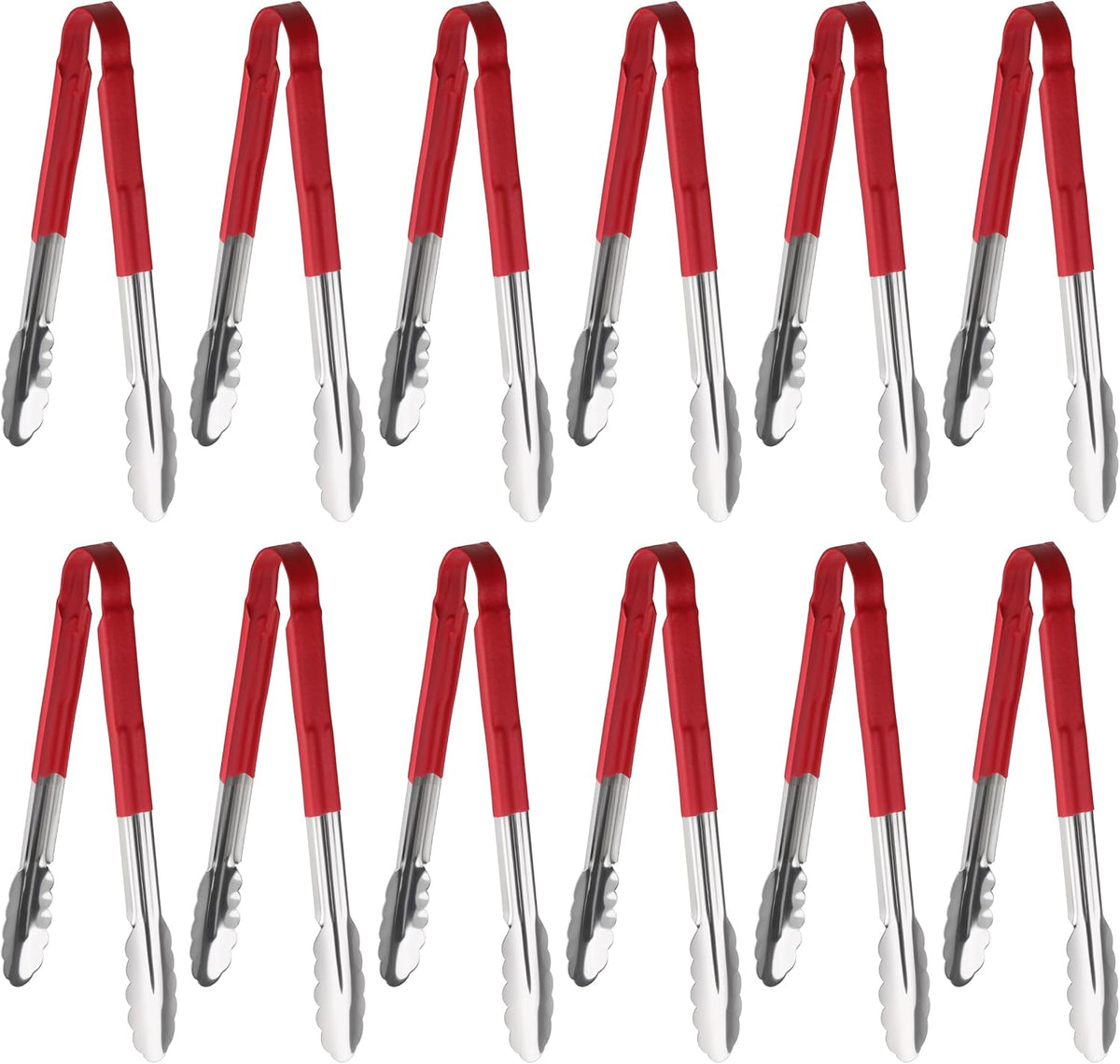 New Star Foodservice 12 Inch Utility Spring Tongs, Set of 12, Commercial Restaurant Grade Stainless Steel Tongs with Red Vinyl Coated Handles