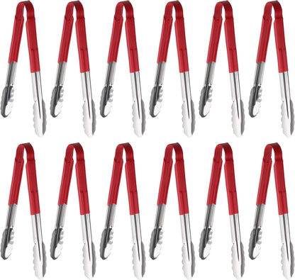 New Star Foodservice 12 Inch Utility Spring Tongs, Set of 12, Commercial Restaurant Grade Stainless Steel Tongs with Red Vinyl Coated Handles