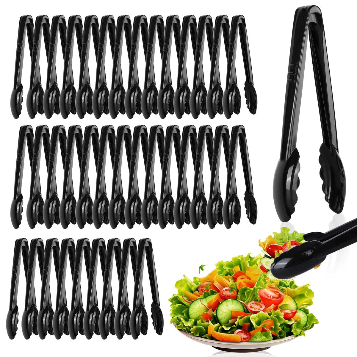 Mwellewm 24 Pc Plastic Tongs for Serving 9 Inch Bulk Reusable or Disposable Tongs Heavy Duty Hard Serving Utensils Set Large Salad Tong for Kitchen Party Food Buffet Appetizer BBQ Event Catering Black