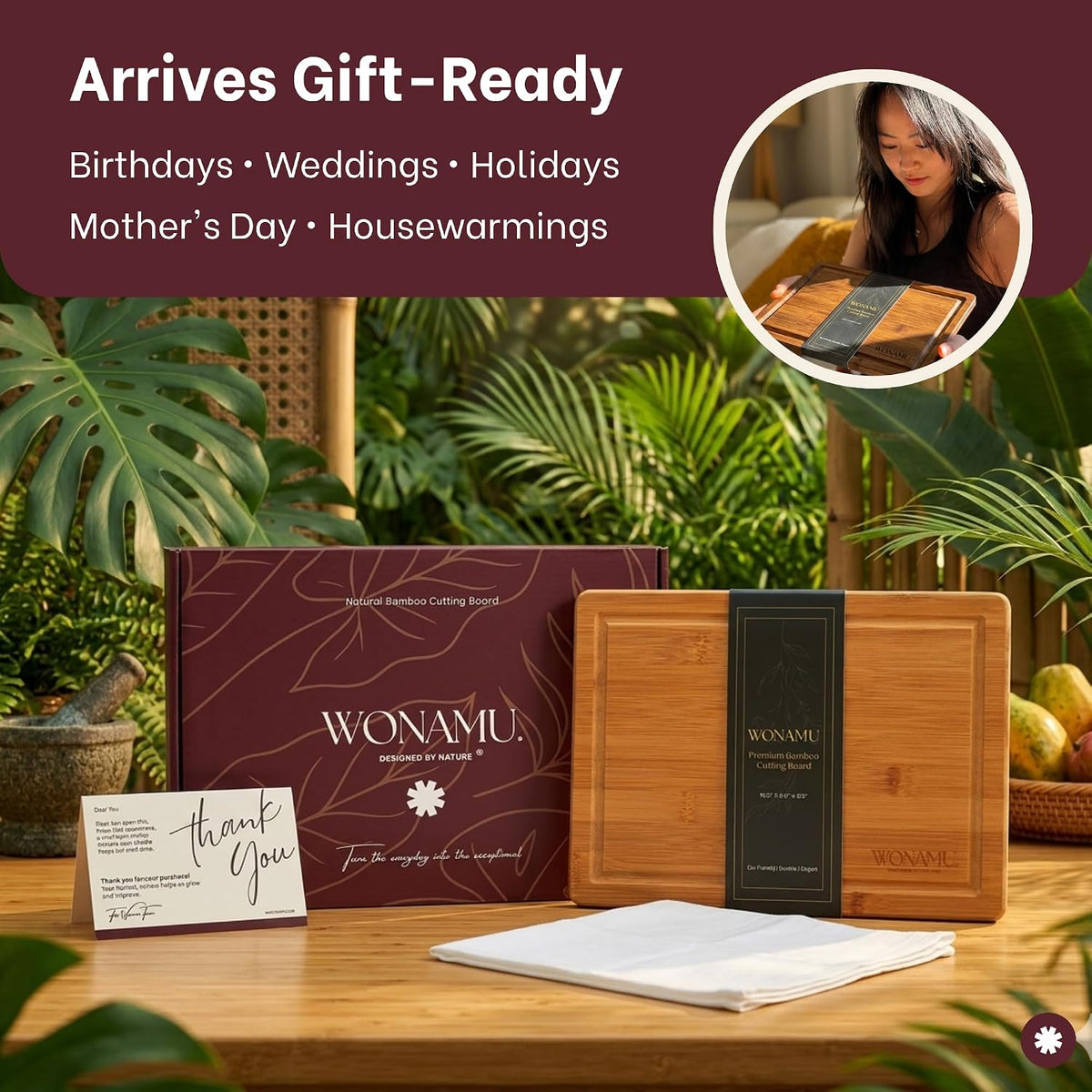 WONAMU Small Bamboo Cutting Board Non Toxic Lightweight & Durable, Gift Set