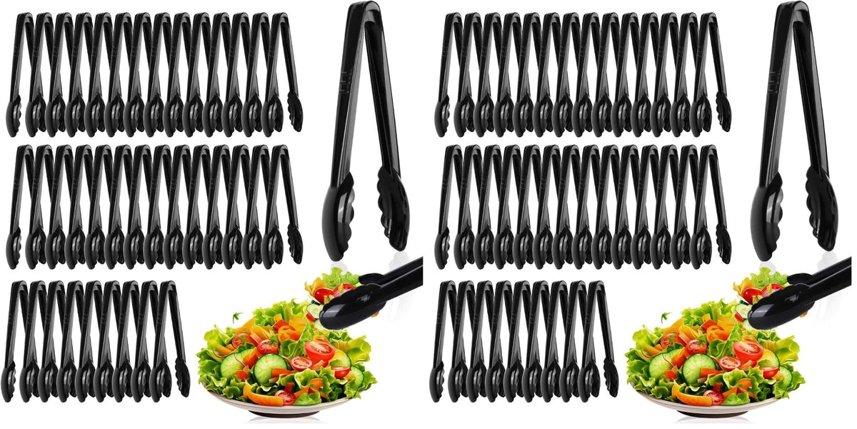 Mwellewm 24 Pc Plastic Tongs for Serving 9 Inch Bulk Reusable or Disposable Tongs Heavy Duty Hard Serving Utensils Set Large Salad Tong for Kitchen Party Food Buffet Appetizer BBQ Event Catering Black