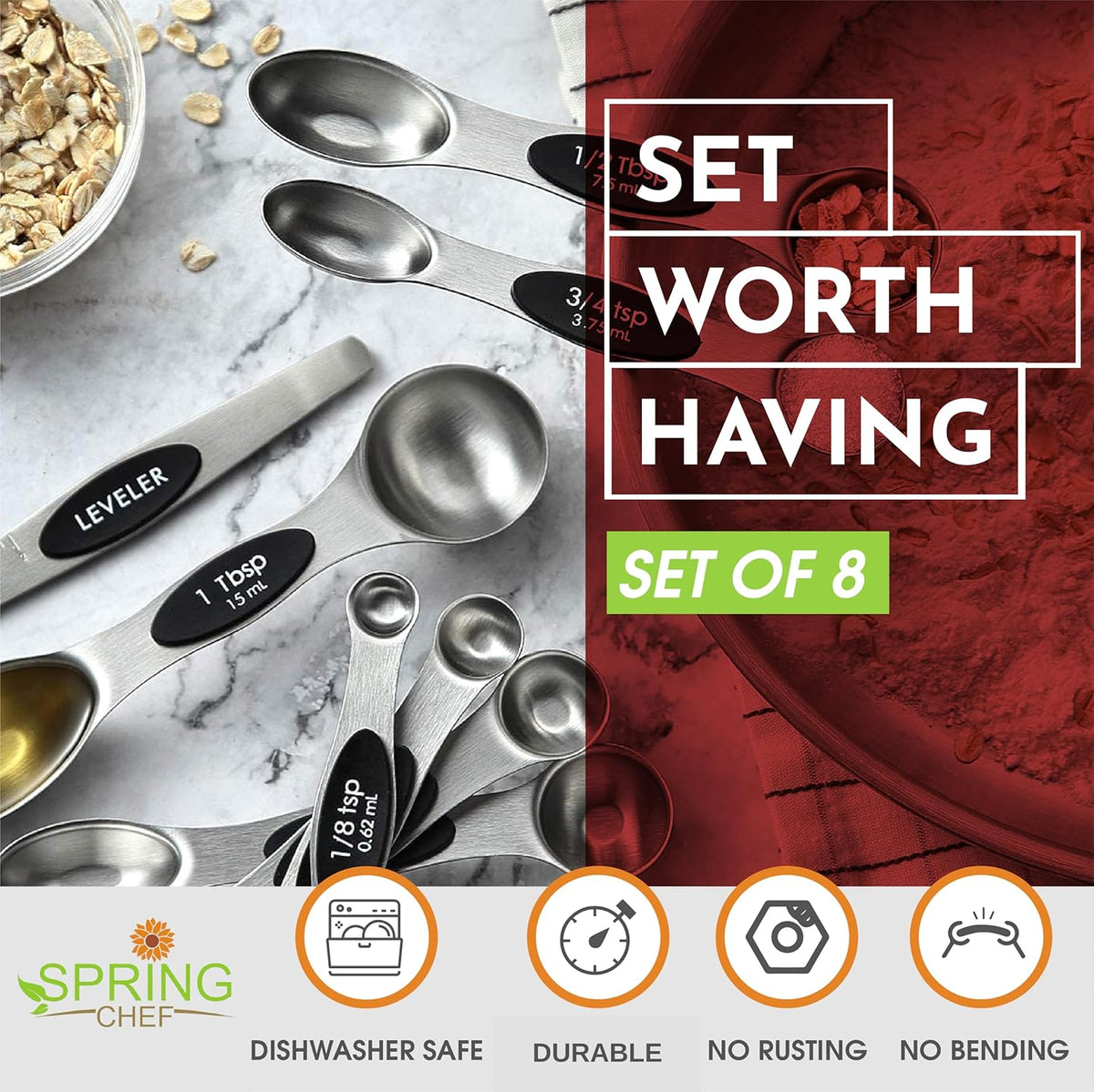 Spring Chef Stainless Steel Magnetic Measuring Spoons Set of 8, Black