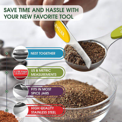 Spring Chef Magnetic Measuring Spoons Set of 8 for Kitchen, Multicolor